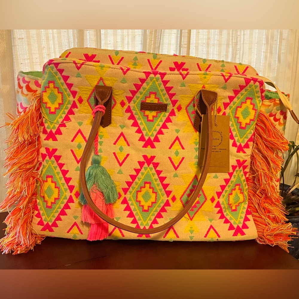 Boho Fringe Tote Bag with Neon Diamond Pattern - Picture 8 of 9